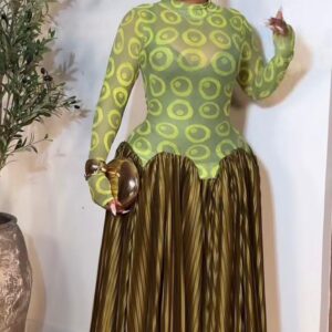 Chic Green & Gold Flowing Evening Gown